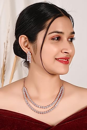 Image of Ratnavali Jewels American Diamond CZ Rose Gold Plated Designer Jewellery Set /Necklace Set with Chain & Earring for Girls /Women (RVA102RG)