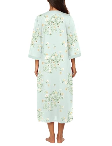 Image of Ekouaer Women Zipper Robe 3 /4 Sleeves Loungewear Dress Full Length Sleepwear Pockets Housecoat Nightgown Long Bathrobe