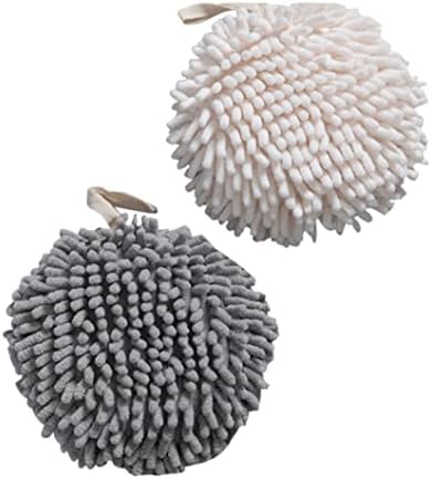 Odoukey Hand Towels, 2pcs Soft Absorbent Fuzzy Ball Towel with Loop, Chenille Bathroom Hand Towels, Quick Dry Handball Towel for Home Kitchen & Bathroom(White+Gray)