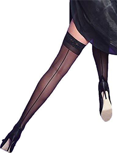 Yummy Bee - Yummy Bee - Hold Up Stockings - Hold Ups - Sheer Stockings - Silicon Lace Top Stockings - Seamed Stockings (Black, M)