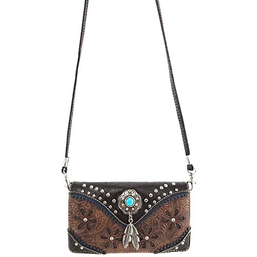 Zelris Floral Western Pu Tooled Leather Turquoise Concho Feathers Crossbody Trifold Wallet3