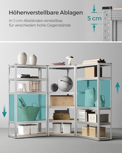 SONGMICS Eckregal-Set 5 Ebenen, Schwerlastregal, Metall, Lagerregal für Garage, Abstellraum, Kellerregal, bis 2625 kg belastbar, silbern-naturbeige GLR070E03