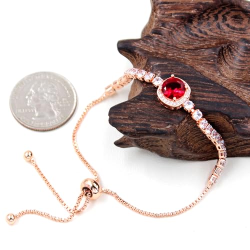 Image of Rose Plated Gold Brass Box Chain Cubic Zirconia Classic Tennis Slider Adjustable Bracelet, Round Big Zircon Charm Give Woman Mom Mother's Day Fashion Crystal Gift