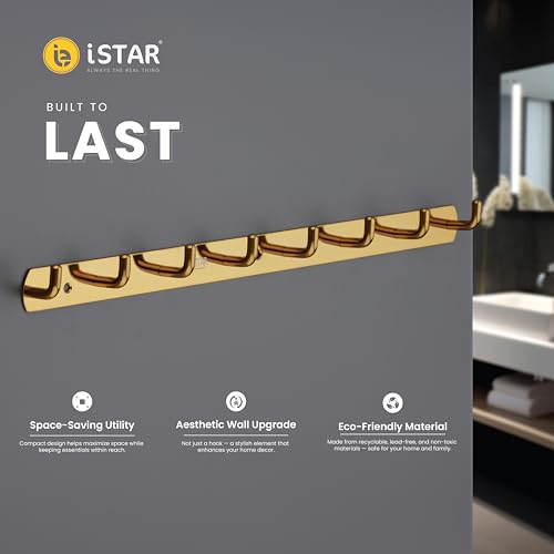 Image of iSTAR Stainless Steel 8 Pin Bathroom Cloth Hooks Hanger Door Bathroom Robe Hooks Rail for Hanging Keys,Clothes,Towel Steel Hook (Gold) (Pack of 1)