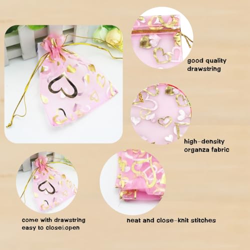 Image of 100 pcs 3.5 x 4.7 Inch Flower Heart Organza Jewelry Gift Pouch Candy Pouch Drawstring Wedding Favor Bags X92 (pink gold heart)