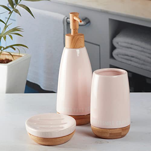 Image of SaSaSa Ceramic Bathroom Set of 3 Modern Bath Accessories Kit with Soap Dispenser, Toothbrush Holder & Dish - Stylish & Elegant Bathroom Decor, Pink (9882)