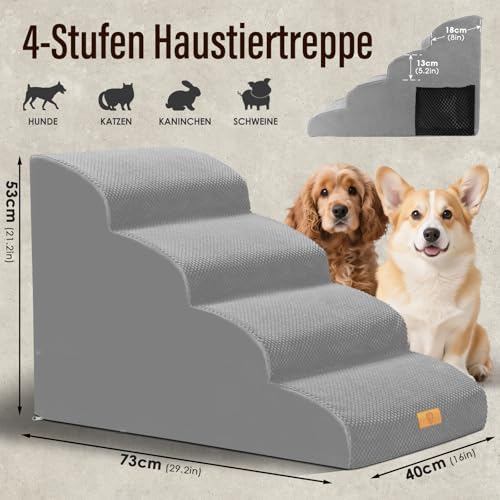 Thihome Hundetreppe 4 Stufen, 50cm hoch Schwamm Haustiertreppe für Hunde und Katzen, rutschfest Haustierleiter Katzentreppe mit Waschbar Bezug für Sofa Bett, Grau