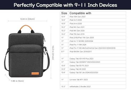 Dadanism 9-11" Tableta Bolsa de Hombro con Manejar para iPad (A16) 11", iPad Air/Pro 11", i-Pad 10.ª Gen/Air 5/4 10,9", i-Pad 9/8/7.ª Gen 10,2", Galaxy Tab A9+ 11", Tab M11/Idea Tab 11", Negro Gris - imagen 3