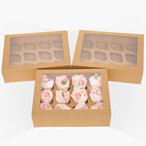 Image of Bakepacker Auto-pop up 12 Cupcake Containers 6-Packs Brown Cupcakes Carrier, 12 Cupcake Boxes with Window 13 inchx10 inchx3.5 inch