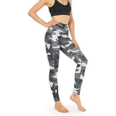 LA DEARCHUU Womens Leggings High Waisted with Pocket, Elastic Opaque Tummy Control Gym Yoga Pants Plus Size Sport Workout Running Jogging Stretchy Trousers for Ladies, Camouflage Grey, XL Cover