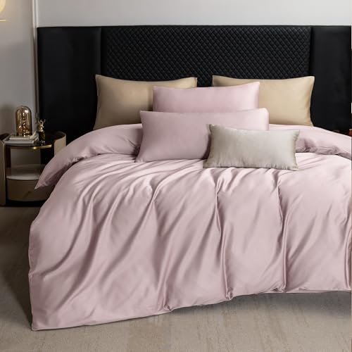 MooMee Bedding Quilt Cover Duvet Cover Set Extra Long Staple Cotton 600 TC Egyptian Cotton Texture Silky Sateen Smooth Luxury Soft Comfortable Durable (Pale Mauve, Queen)