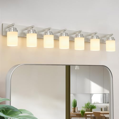 Image of IZORRO Bathroom Vanity Light Fixture, 7-Light 52 inch Brushed Nickel Bathroom Light Fixtures Over Mirror, with White Glass Shade, Modern Farmhouse Vanity Lights, Rustic Restroom Lighting Fixtures