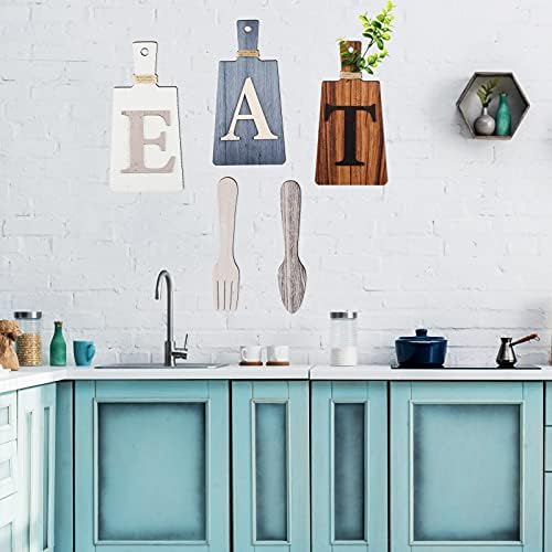 Jetec Cutting Board Eat Sign Set Hanging Art Kitchen Eat Sign Fork and Spoon Wall Decor Rustic Primitive Country Farmhouse Kitchen Decor for Home Decoration(Gray, White, Brown)