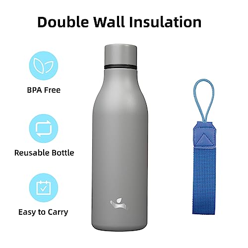 Image of Konokyo Insulated Water Bottle with Strap,18 oz Double Wall Stainless Steel Vacuum Bottles Metal Water Flask,Gray