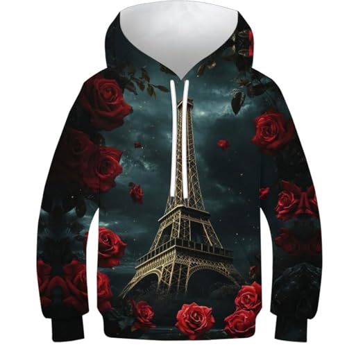 Sweat à capuche pour enfants 13-15Y : pull graphique Tour Eiffel rose effet 3D ultra doux