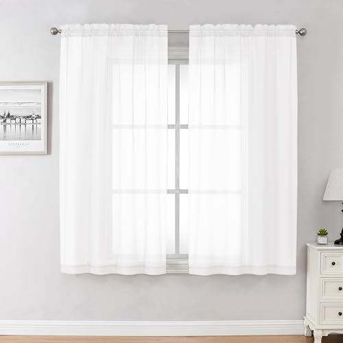 Chyhomenyc Cortinas traslúcidas Blancas de 45 Pulgadas de Largo, 2 Paneles, Cortinas Cortas de Gasa para Comedor, Ventanas pequeñas, baño, Sala de Estar, Dormitorio, Bolsillo para Barra, 42 Pulgadas
