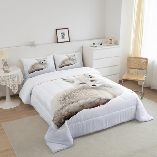 Image of Feelyou Fox Comforter Set Arctic Fox Bedding Set for Kids Boys Girls Cute Animal Comforter Wildlife Quilt Set 1 Comforter Set with 2 Pillowcases Full Size