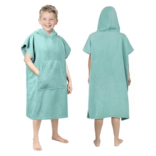 Zingtto Toallas con capucha para niños, poncho de surf, albornoz, para 6 a 13 años, toalla de playa para niños grandes, toallas de baño con capucha, abrigo grueso para niñas y niños, color verde