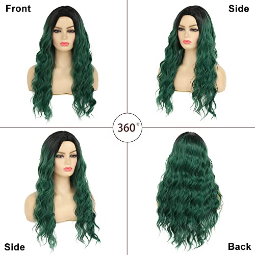 Image of Swiking Green Ombre Long Curly Women Wigs Midele Part Synthetic Natural Wave Hair Black and Green Halloween Cosplay Costume Wigs