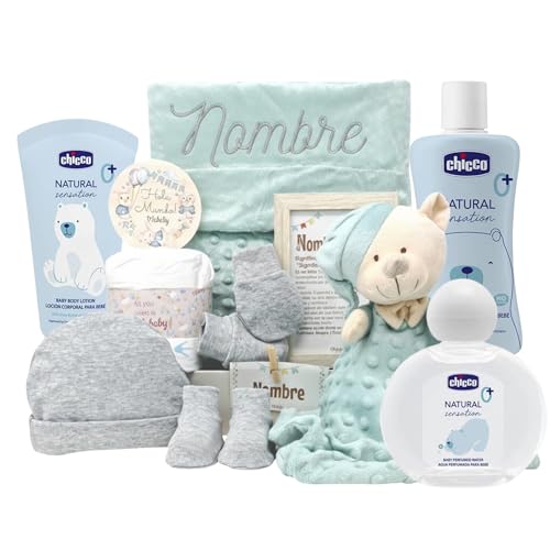 Mababyshop Canastilla Bebé Personalizada True Colors, Manta Bordada con Nombre, Set Ropa Algodón, Dou dou, Cosmética Bebé, Regalo Recién Nacido (Verde)