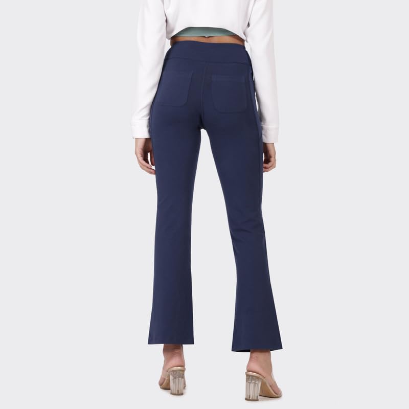 BlissClub AM:PM Cotton Flare Pants for Women Upto 5'4 ft | Wide Waistband, 4 Pockets | Bell Bottom Pants and high Waist Trousers for Office wear 2