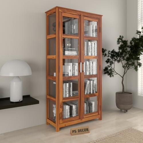 Image of Ekdantix FurnitureSolid Wood Bookshelf with Acrylic Glass Doors | Wooden Display Cabinet for Living Room | Multipurpose Storage Almirah for Books, Decor & Office Use (Honey Finish)