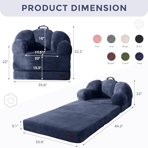 Image of MAXYOYO Folding Sofa Bed, Floral-Shaped Convertible Floor Sofa Couch with Backrest, 2 in 1 Comfy Lounger Bean Bag Chair with Handle, Floor Single Couch for Living Room Bedroom, Navy