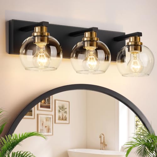 Bathroom Light Fixtures, 3-Light 22 Inch Black and Gold Bathroom Vanity Light, Modern Wall Sconces with Clear Glass Globe Shades, Vanity Lighting Fixtures Over Mirror, E26 Socket (Bulbs Not Included)