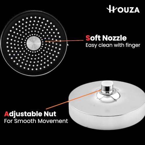 Image of HOUZA Round Shower Head for Bathroom | 4 Inch Single Flow Overhead Shower with Arm | Adjustable Bathroom Shower with Even Water Flow & Rust Resistant | Anti-Clog Silicone Nozzles for Wall Mounting