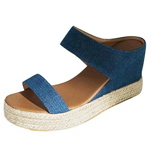 TEEL ONG - Sandalias de tacón con cuña para mujer, con puntera abierta, puntera abierta, con tachuelas, decoración básica y transpirable, para mujer, color Azul, talla 38.5 EU