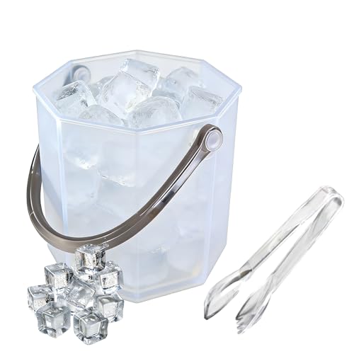 WELKOR Crystal Ice Bucket with Handle & Tongs-1.1 L Plastic Clear Champagne Ice Buckets for Parties, Beer, Wine, Drinks, Cocktails,-Soda, Mimosa Bar Supplies (Style-A, 37 oz (1.1 L))