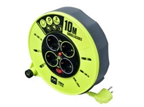 Masterplug Pro-XT Enrollacable 10m, Alargador 4 Eschufes Schuko, Extension Electico 3000w Gris / Verde