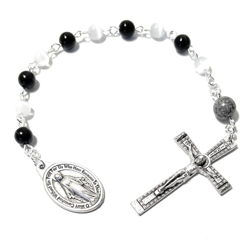 Handmade 1-Decade Tenner Pocket Rosary with Black, White, and Grey Beads with Choice of Saint Medal