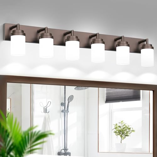 Image of Bathroom Light Fixtures, Oil Rubbed Bronze Bathroom Lighting Fixtures Over Mirror, Modern Vanity Light with White Glass Shade, Restroom Lighting Fixtures, 6-Light 46-inch