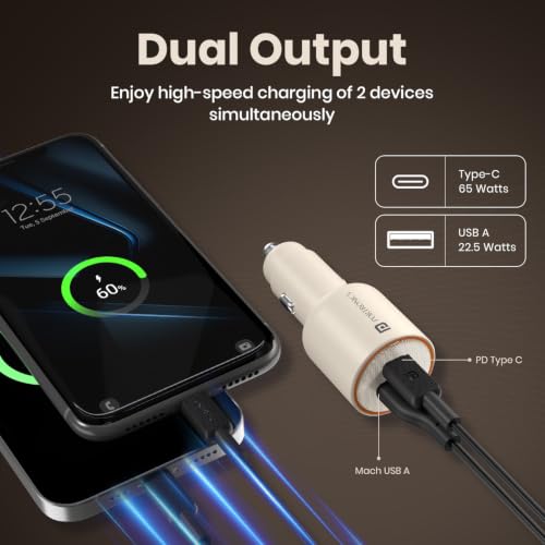 Image of Portronics Car Power 65 Pro 65W Dual Ports Fast Car Charger with 65W Type-C PD & 22.5W USB-A, Charge 2 Devices Simultaneously, Compact 12V Car Adapter Compatible with Laptop, Smartphone, Tablet