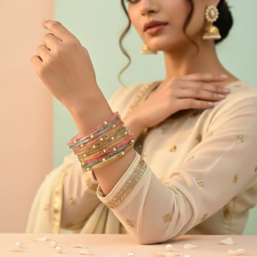Image of SUNDRAM Women's Premium Fancy Glass Bangles for Women & Girls |with Zircon Gemstone Work & Charm| Traditional Ethnic Bangles Set of 12