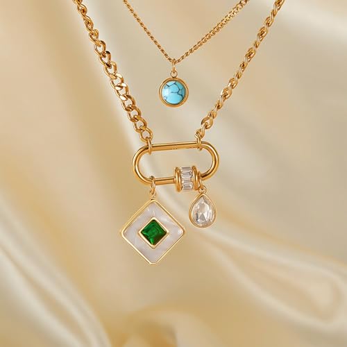 HETICA Gold Mother of Pearl Pendant Women Necklace, Double Layers Turquoise Cubic Zirconia Necklace Stainless Steel Delicate Fashionable Collar Chain Gift3