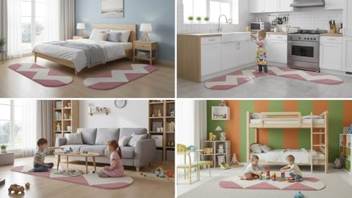 Image of Fluffy Silky Micro Fiber Polyster Carpet /Runner for Bedroom, Study Room, Playing Room, Guest Room ETC. 5x7 feet Feet, (Pink and Ivory Chevron Pattern)