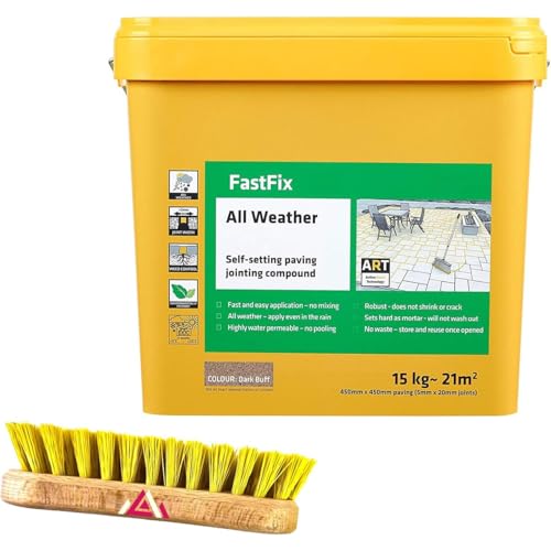 Fast Fix All Weather | Ready to Use, Self-Setting Paving Jointing Compound for Any Weather, Suitable for Stones Setts, Paving Block and Footpaths With Scrub Brush 15kg - 21 sq.m (Dark Buff)
