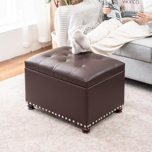 Image of Joveco Faux Leather Storage Ottoman Bench Rectangle 24 Inch Foot Rest Ottomans (Brown)