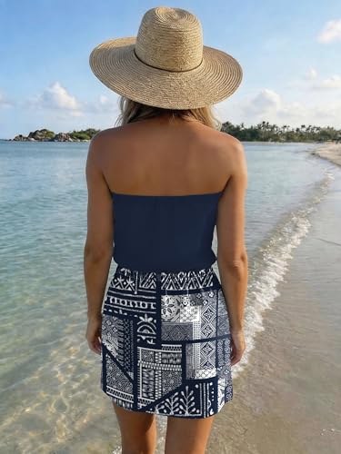 Image of SAUKOLE Summer Dress for Women Strapless Beach Cover Ups Boho Sundress Mini Dress Drawstring Waist with Pockets