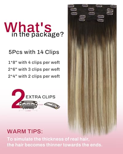 Image of Moresoo Clip in Hair Extensions Brown Blonde Balayage for Fine Hair | Hair extensions clip ins short, ombre dark to light brown with bleach blonde, 12 inch 80g 5pcs for short daily styles