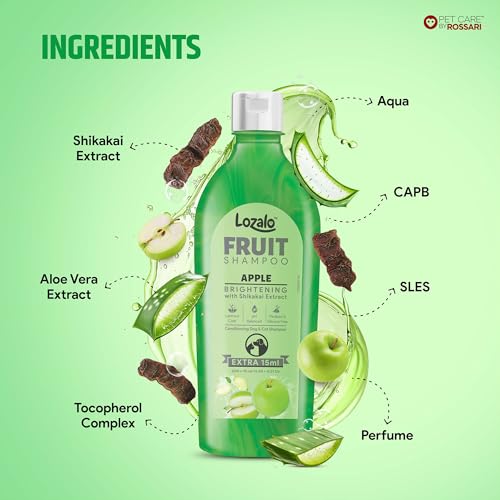 Image of Lozalo Fruit Pet Shampoo 400 ml, Combo Pack of 2x200 ml, Apple,Anti-Fungal, Anti-Itching pH Balanced Paraben Free Conditioning Shampoo for Dogs & Cats of All Breeds,Brightening with Shikakai Extract
