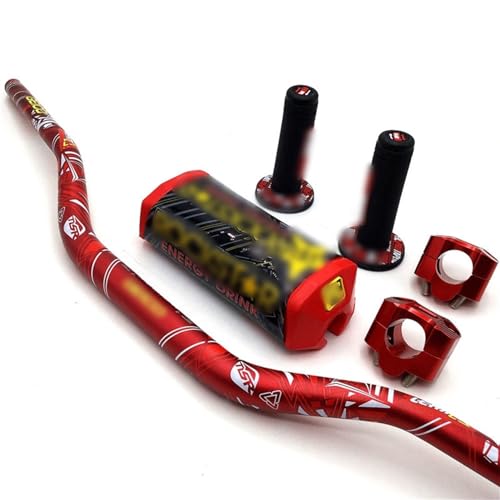 Janmobrian Guidon Moto, Guidon Guidon de Moto avec Barre 1-1/8 Pads de Barre de poignée à poignée poignée de saleté Motocross Motocross CNC 28.5mm Adaptateur(Red)