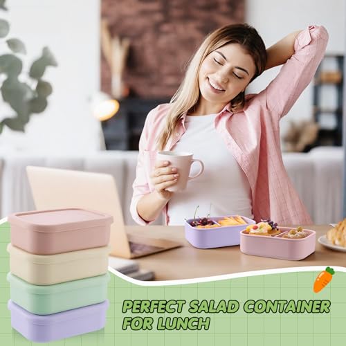 Image of Layhit 4 Pcs Silicone Bento Box for Adults, 27 oz Bento Lunch Container Reusable Food Container for Women Men, Leak Proof Microwave Dishwasher Freezer Safe (3 Compartments,Desaturated Colors)