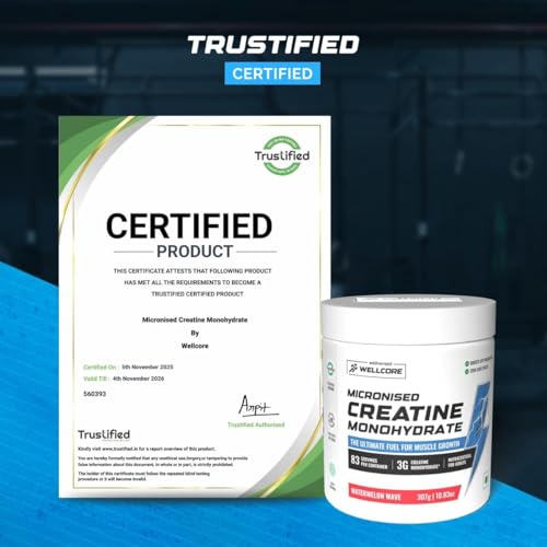 Image of Wellcore Pure Micronised Creatine Powder With Glass Bottle (83 Servings, Watermelon Wave) For Enhanced Muscle Strength With Rapid Absorption | Creatine Monohydrate | Wellcore Creatine Flavoured - 307g