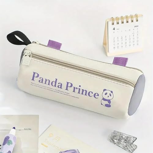 Image of Canvas School Bag Pencil Case, 3 Layer 6 Compartment Large Capacity, Aesthetic Pencil Pouch for Stationary, Cute Stationery for Kids, Pencil Case for Girls & Boys (Panda Prince Cream)
