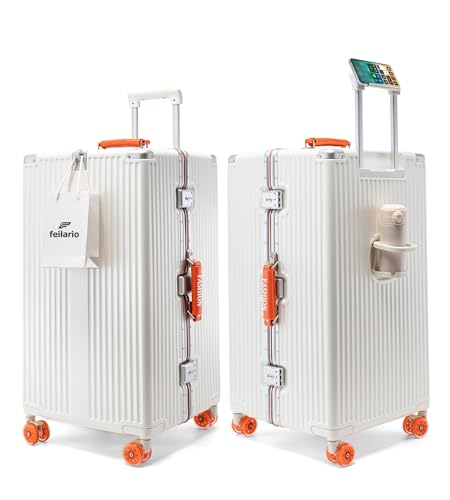 Image of feilario Super Large Aluminum Frame Checked Luggage, Removable Wheels | Zipperless access, PC shell, TSA lock, cup /phone holder and 126L capacity suit dorm moves, moving and long trips