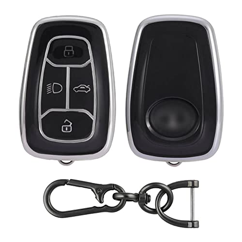 Image of Keyzone TPU Car Key Cover and Keychain Compatible for: Nexon, Harrier, Tigor BS6, Tigor EV, Safari 2021, Altroz, Safari Gold, Gravitas, Punch Smart Key (Silver Black with Zinc Alloy Keychain)