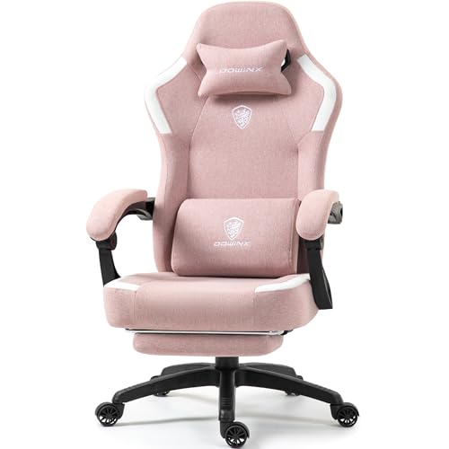 Dowinx Fabric Gaming Chair with Pocket Spring Cushion,Breathable Computer Chair with Massage Lumbar Support and Footrest,High Back Game Office Chair for Adult,Pink